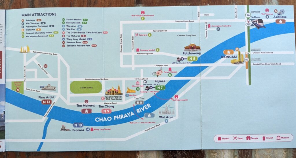Map of main attractions on the Chao Phraya River Boat - Bangkok, Thailand