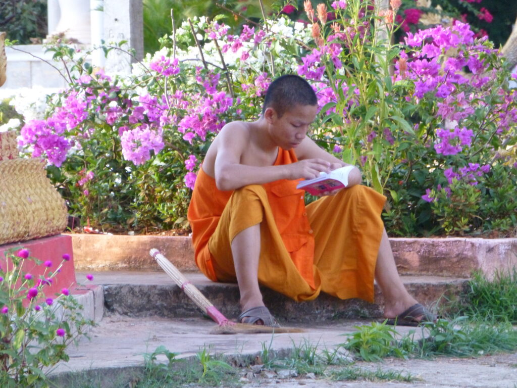 Monnik bij tempel in Pakse - Laos