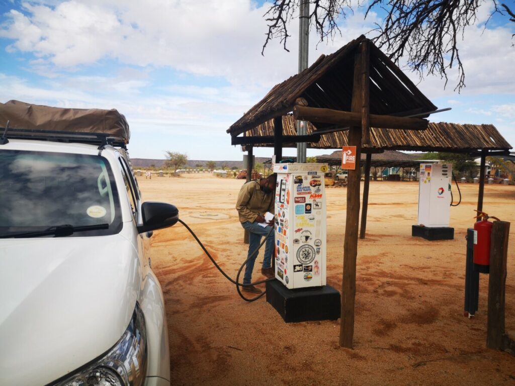 Filling up the car at Canyon Roadhouse - Fish River Canyon