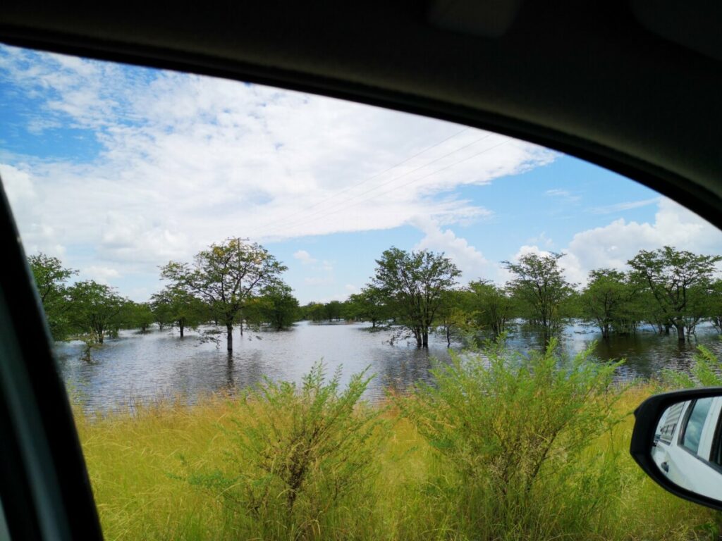 Veel water langs de wegen in het regenseizoen in Botswana