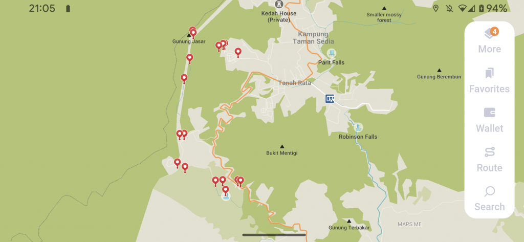 De punten van de wandeling in Maps.me - Wandelen door de theeplantages van Cameron Highlands