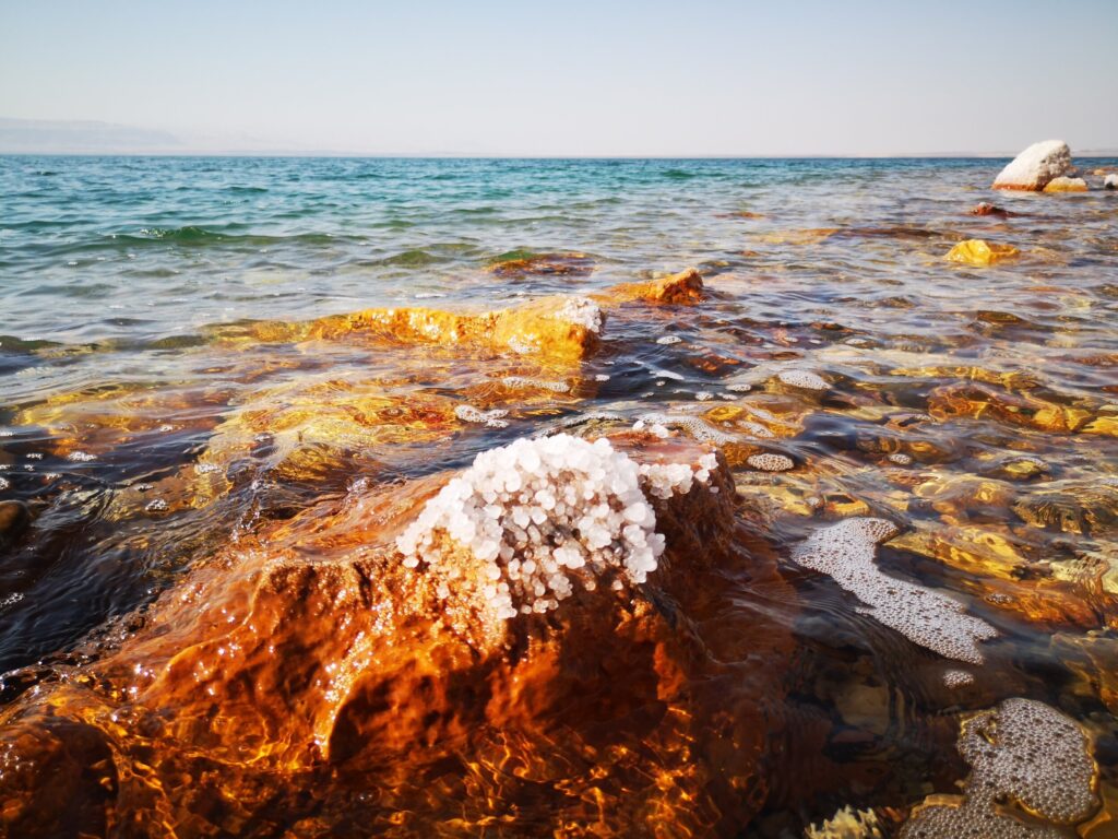 Opgedroogd zout op stenen aan de Dode Zee, Jordanie